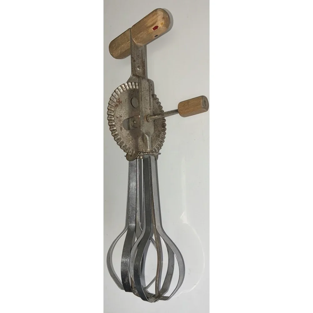 A&J High Speed Super Center‎ Drive Hand Mixer Egg Beater Wooden Handles Vintage